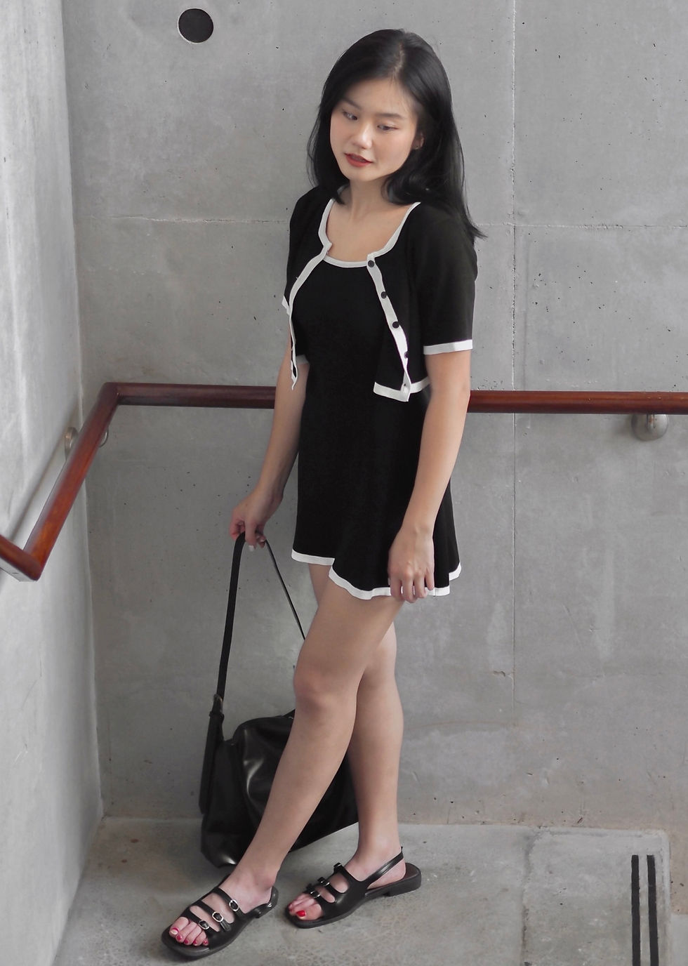 Thumbnail: [2-PIECE SET] Anti-thesis B/W Contrast Spag Knit Dress + Outerwear