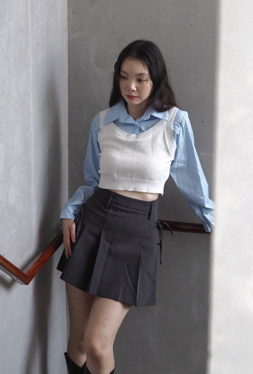 Thumbnail: San Francisco Oxford Knit Vest x Stripes Top (WHITE) 