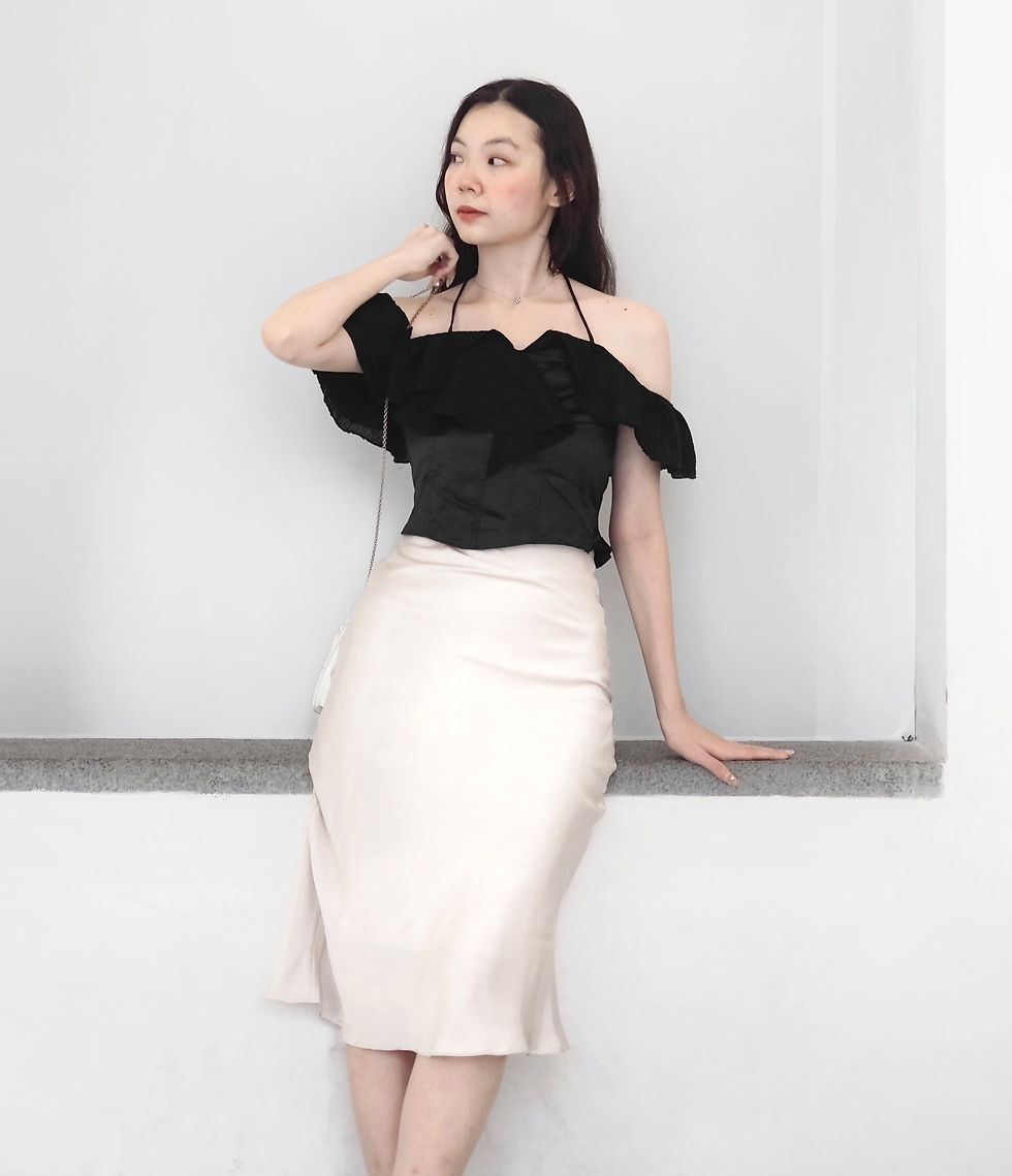 Thumbnail: Dovey Diaries Satin Flutter Cold Shoulder Halter Top (BLACK) 