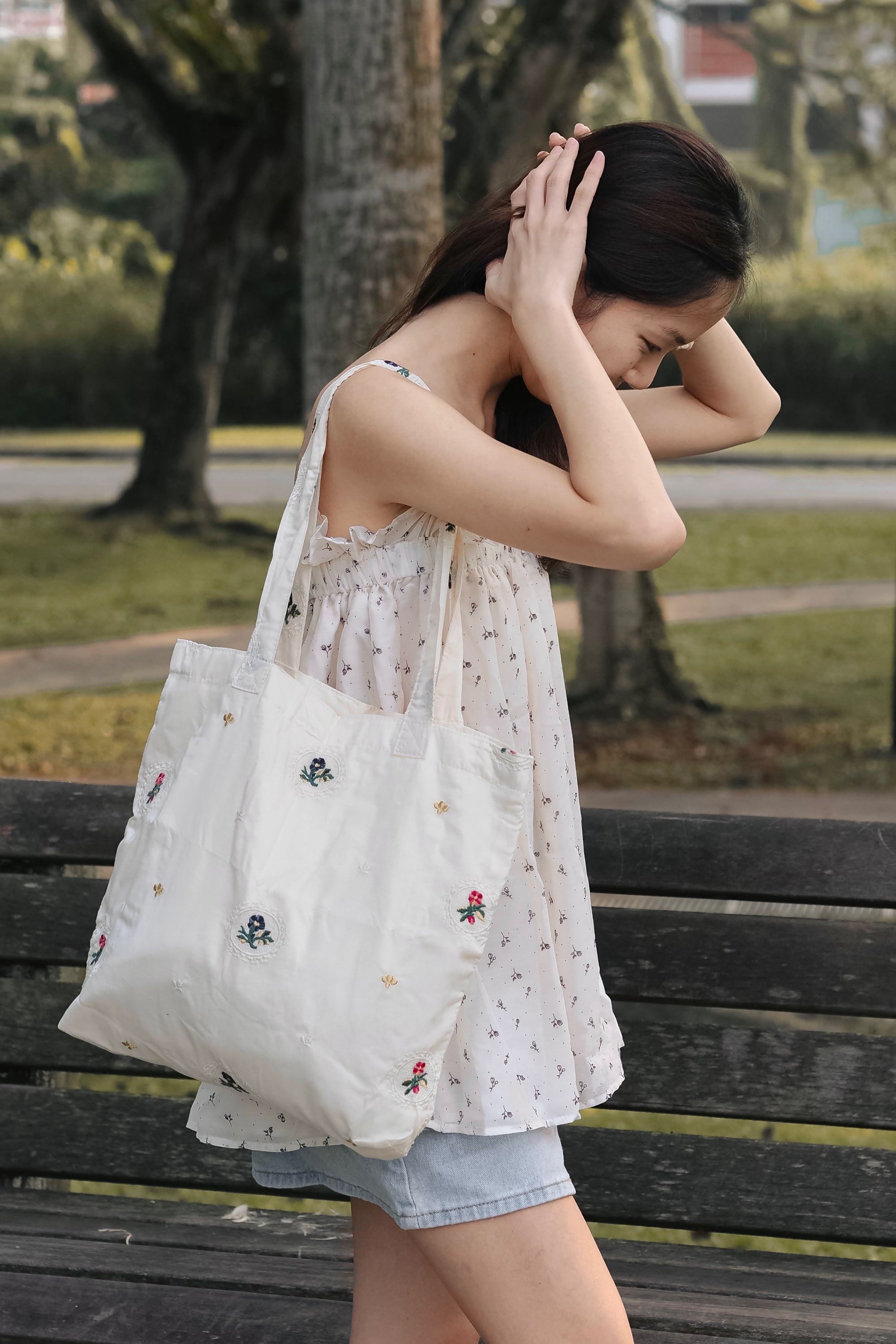 Garden Rhapsody Floral Embroidery Tote Bag