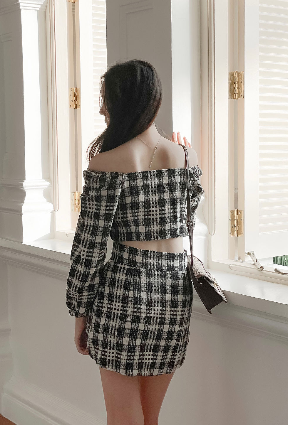 Thumbnail: [2-PIECE SET] Constantine B/W Tweed Ruched Top + Skirt