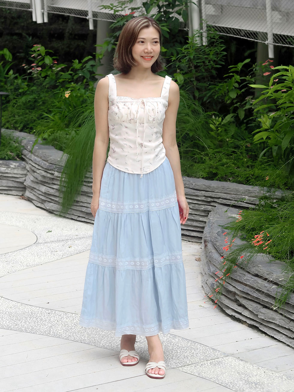 Thumbnail: Garden Sonnets 3-Tier Floral Embroidery Skater Skirt (BABY BLUE)
