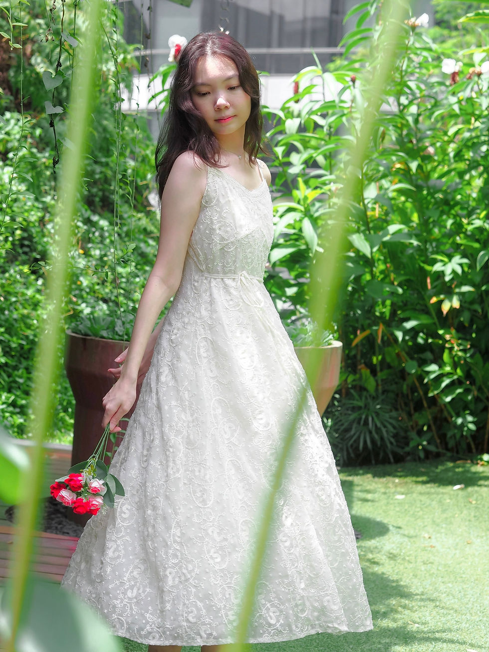 Thumbnail: Lace Sophistry Mesh Floral Ribbon Maxi Dress (WHITE) 