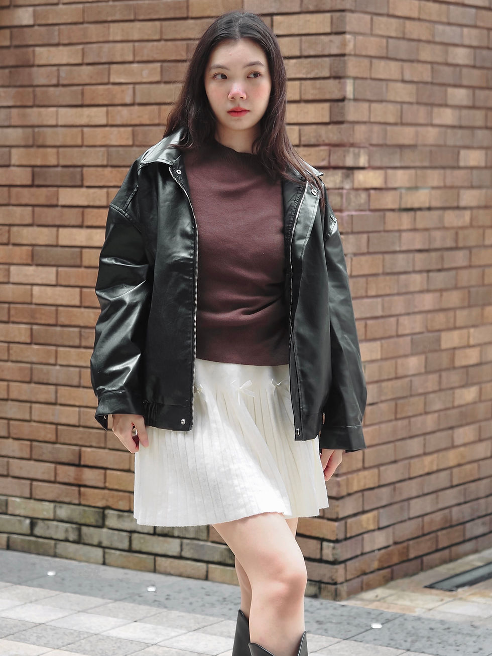 Thumbnail: Dark Paradise Oversized Leather Zip Down Biker Jacket (BLACK)