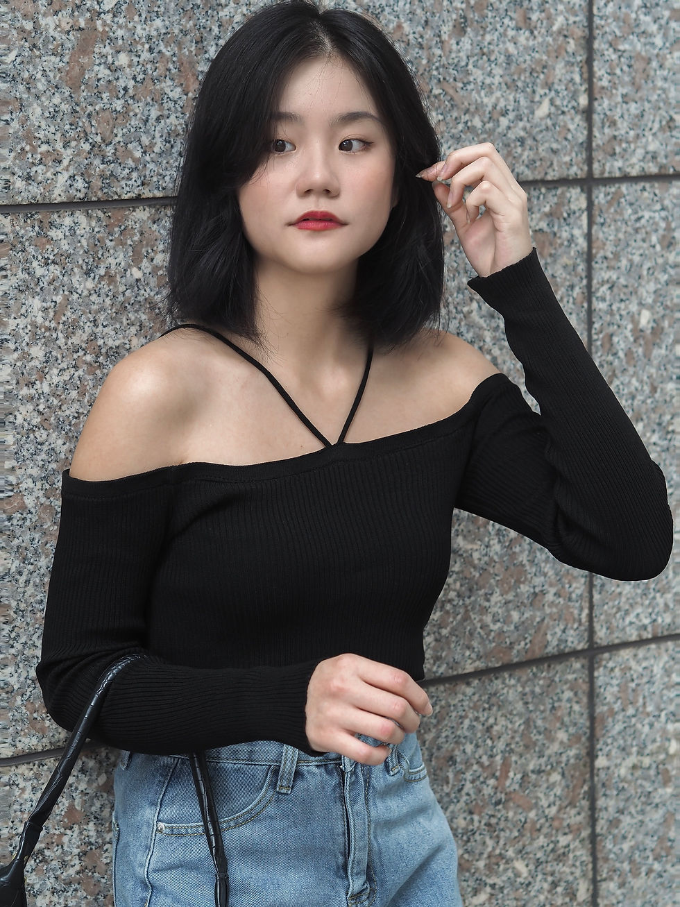 Thumbnail: Revolt Triangle Halter x Cold Shoulder Long Sleeve Knit Top (BLACK)