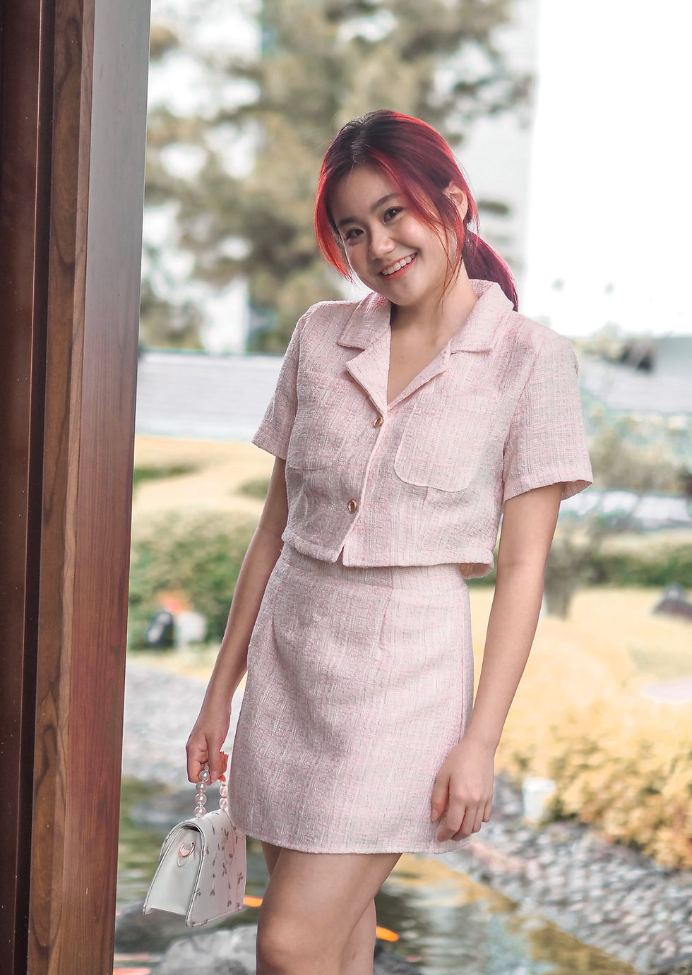 Thumbnail: [2 PIECE SET] Palace Embellishments Tweed Top + Skirt (POWDER PINK)