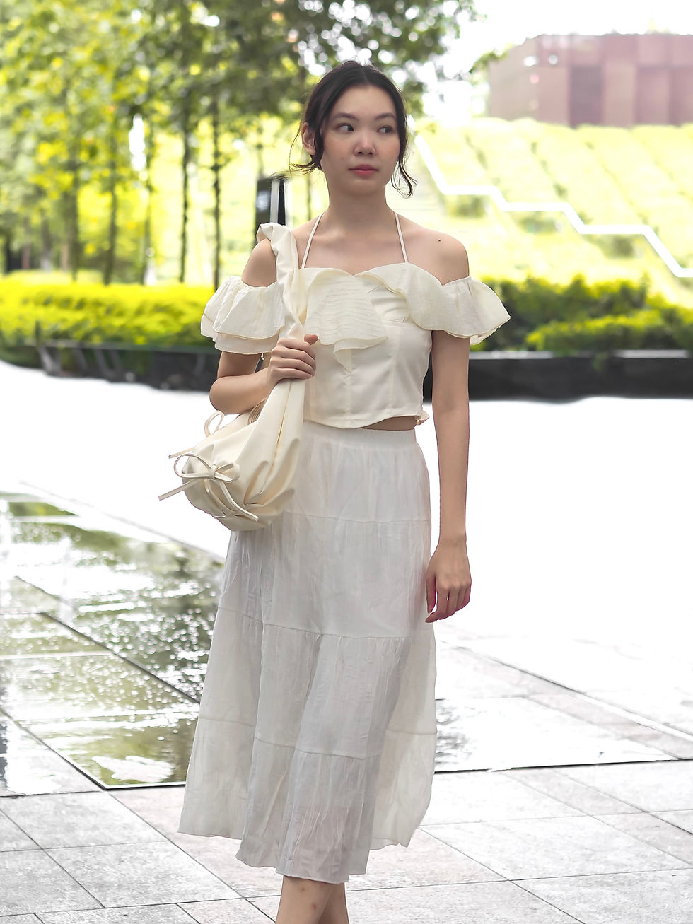 Thumbnail: Mascarpone 4-Tier Textured Crepe Midi Skater Skirt