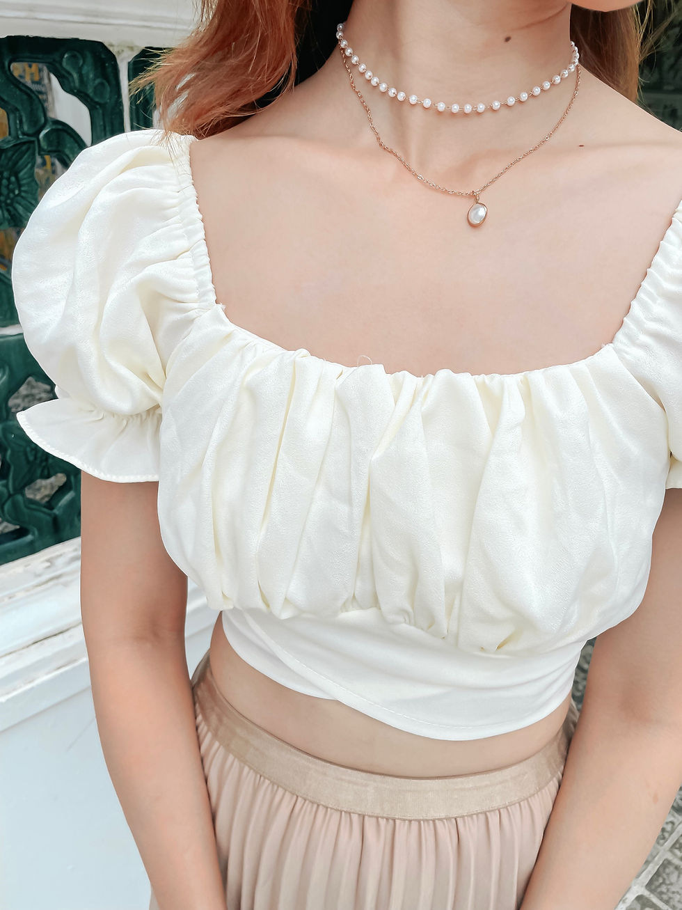 Thumbnail: Mori Kimono 2-Way Ribbon Puff Sleeve Top (PEARL WHITE) 