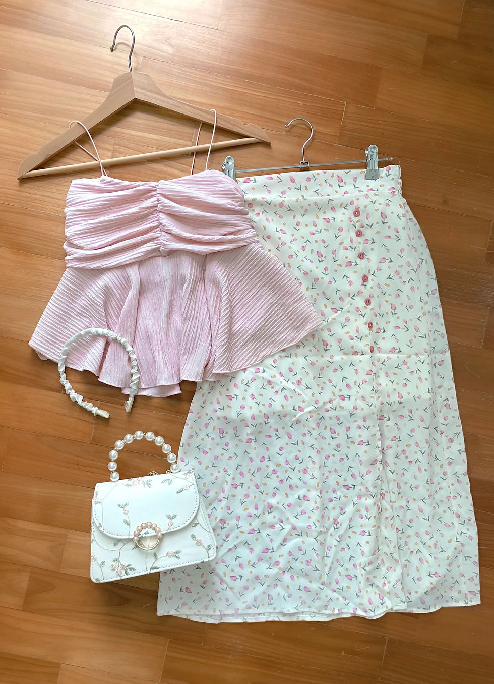 Thumbnail: Blooming Pink Tulips Button Down Midi Skirt