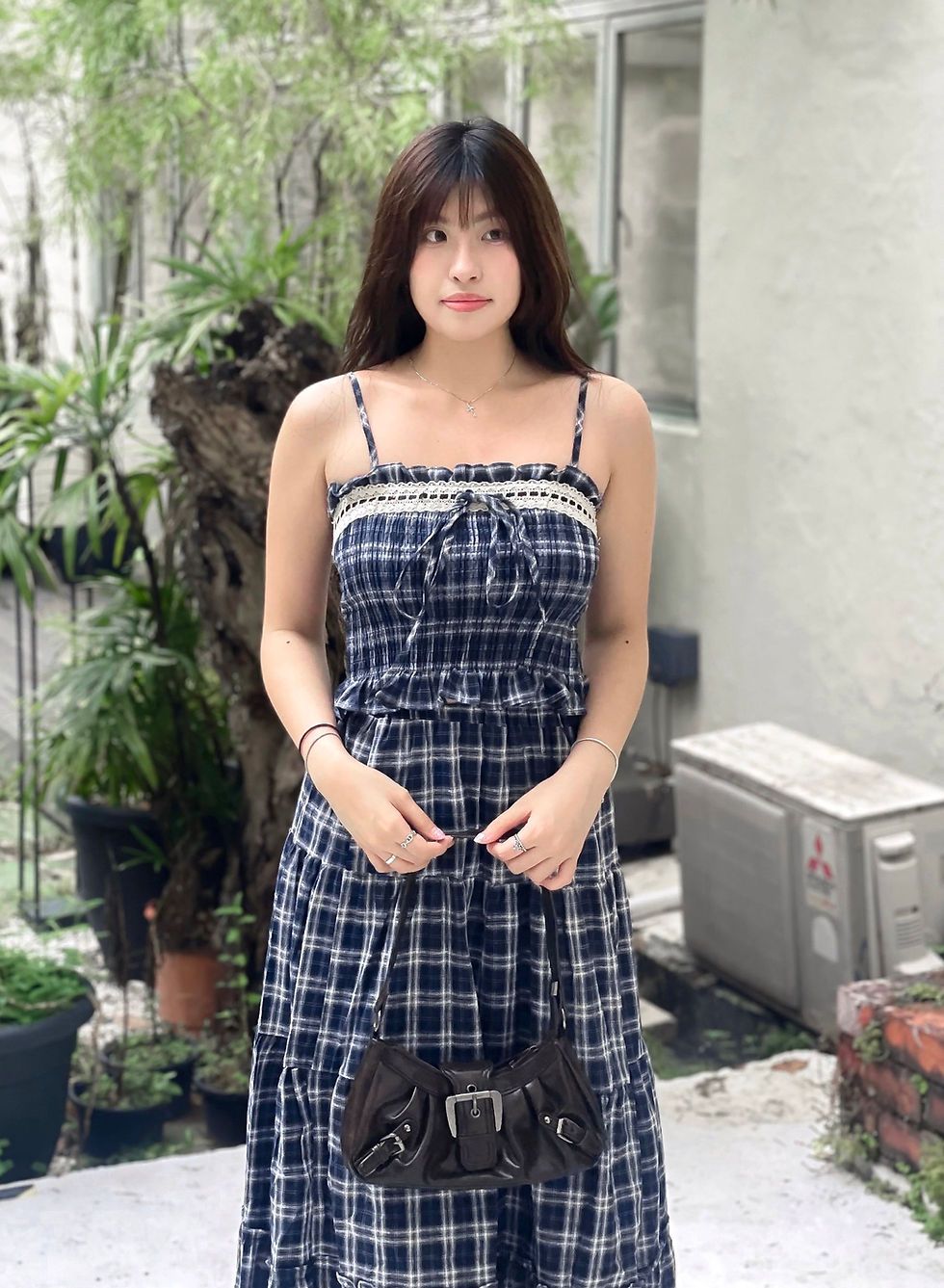 Thumbnail: [2-PIECE SET] Twin Flame Lace x Plaid Ribbon Spag Top + Maxi Skirt (NAVY)