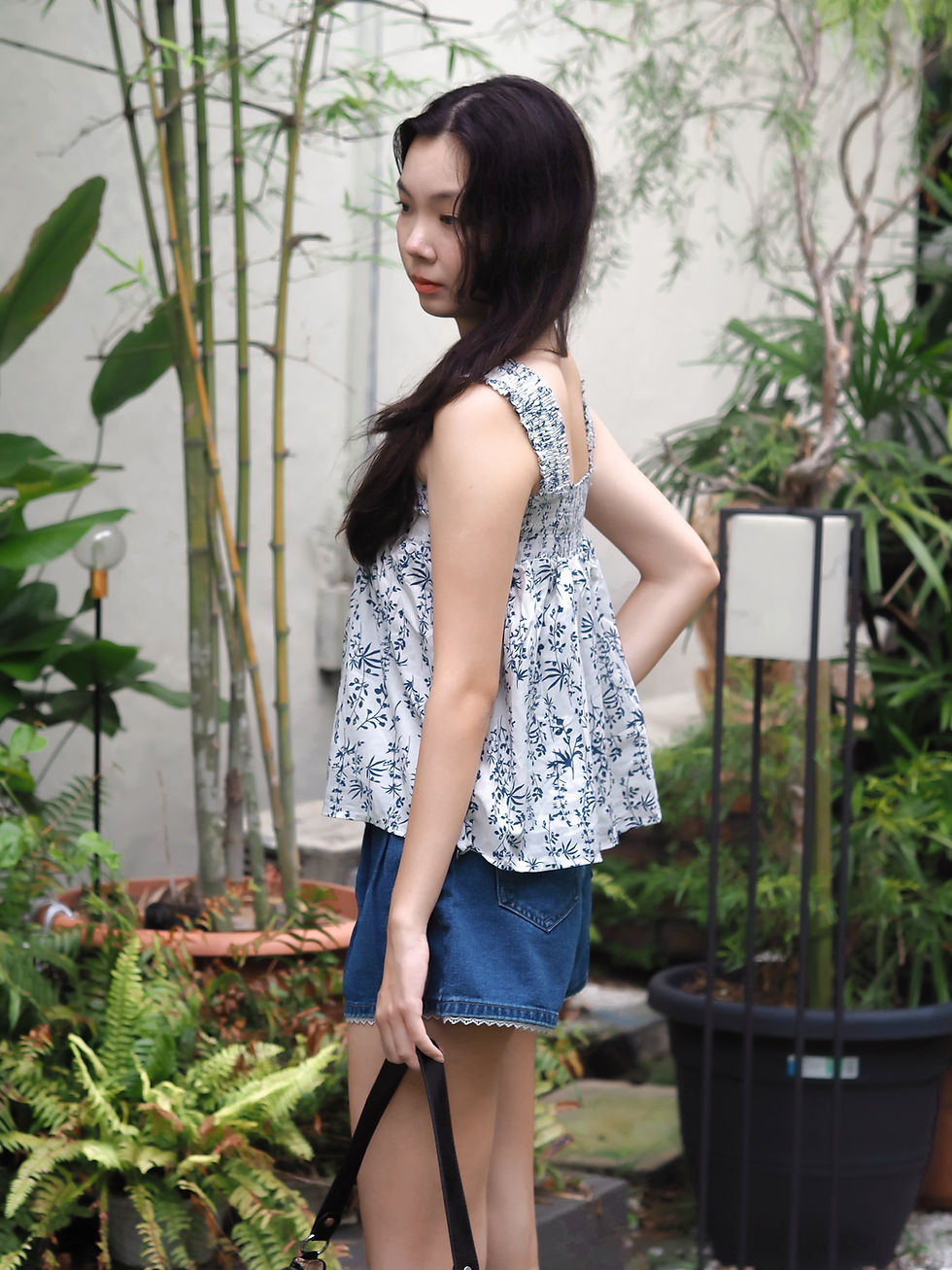 Thumbnail: IKIGAI Floral Botany Flutter Smocked Spag Top (PEARL WHITE)