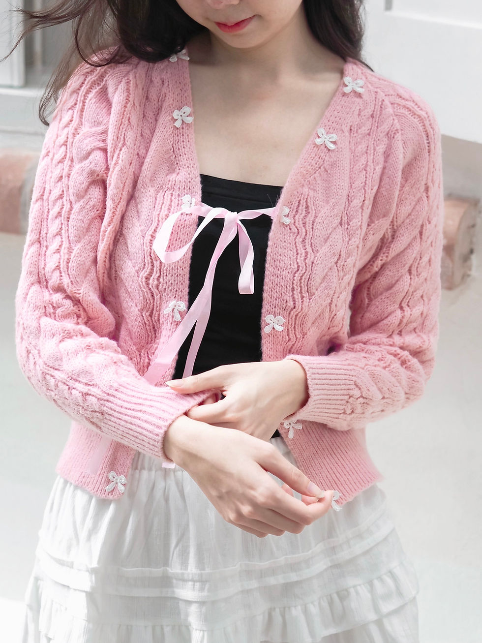 Thumbnail: Sweet Cinnamon Ribbon Coquette Cable Knit Cardigan (BABY PINK)