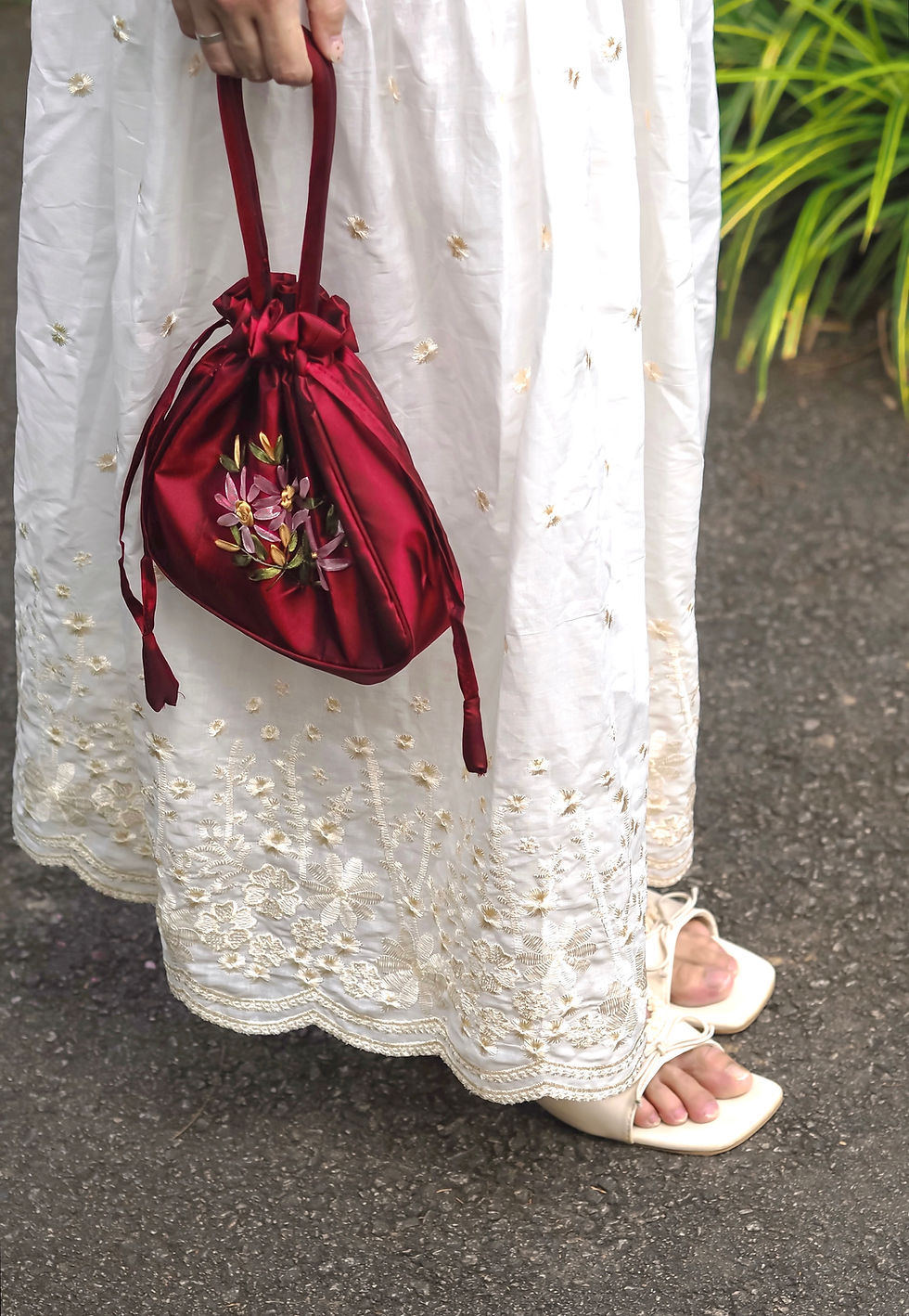 Thumbnail: Lunar Peonies Satin Drawstring Mandarin Orange Bag (RUBY RED)