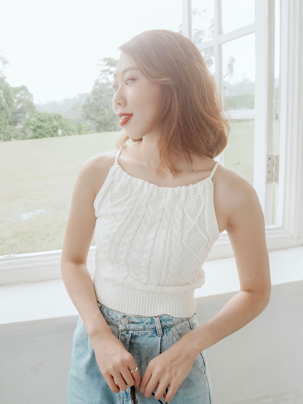 Thumbnail: Heart of Oak Weaved Halter Knit Top [WHITE]