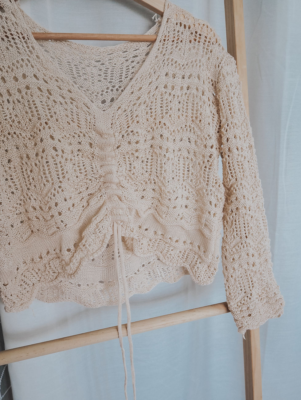 Thumbnail: Odette Crochet Cable Knit Ruched Sleeve Top [OATMEAL]