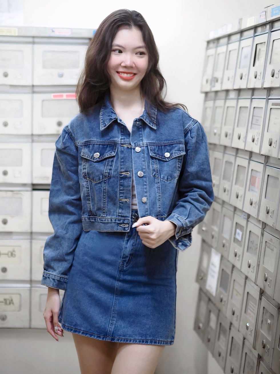 Thumbnail: [2-PIECE SET] Biker Girl Denim Bomber Jacket + Aline Skirt