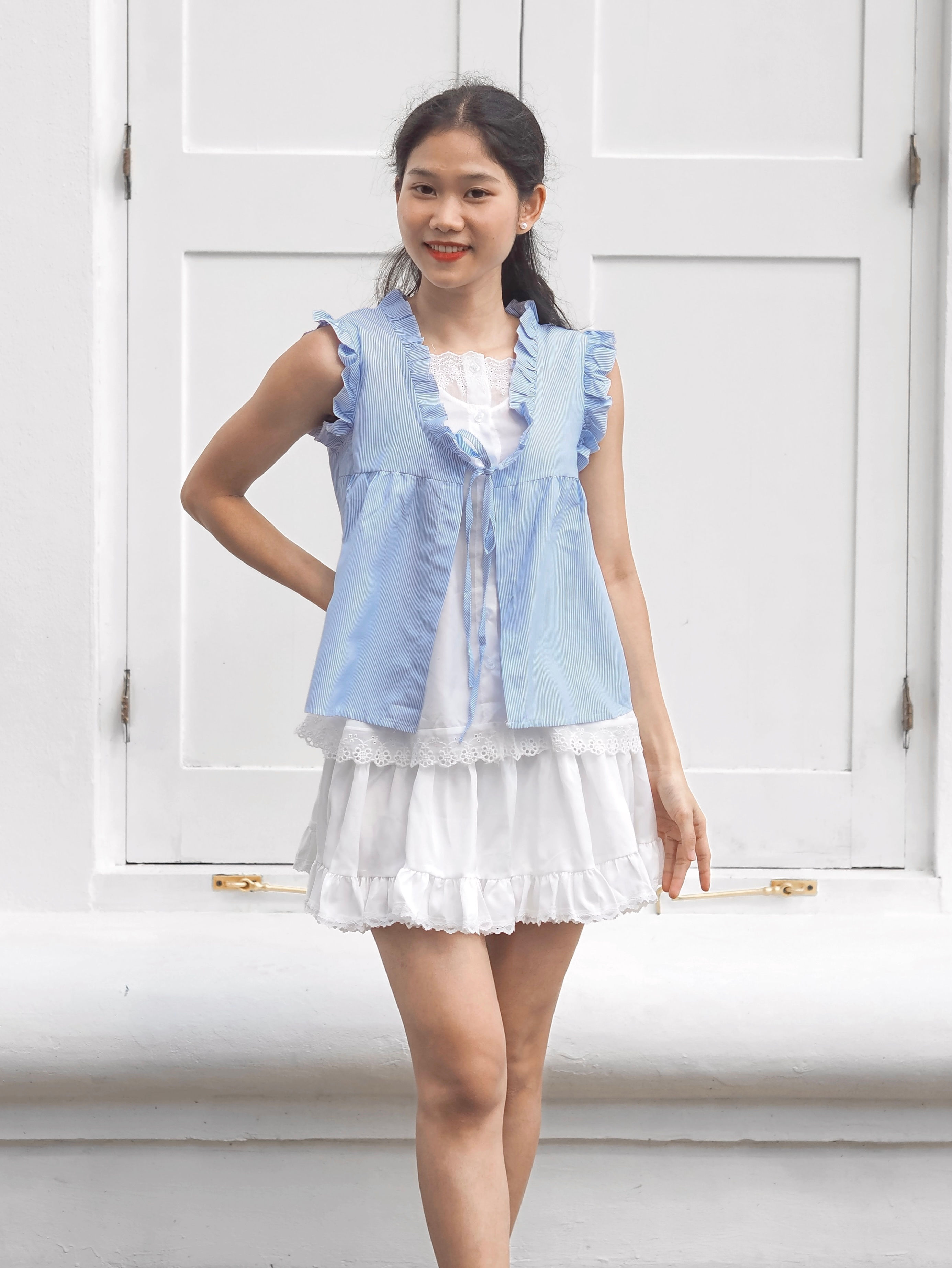 Sailorgirl One-Piece Pinstripes Ribbon Crochet Ruffle Top (BLUE)
