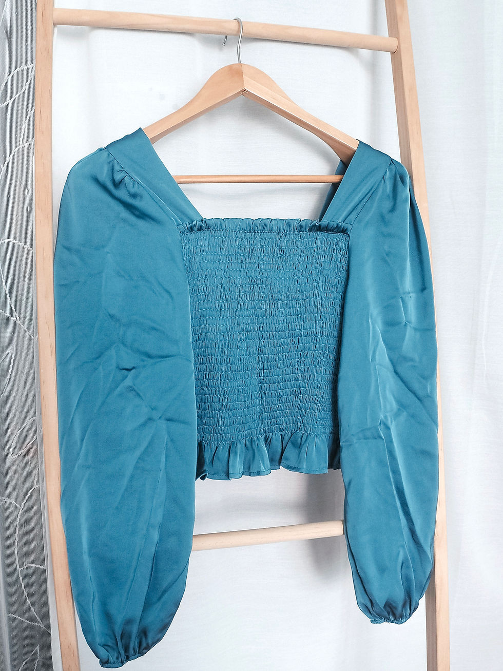 Thumbnail: La Martelle Satin Square Neck Peplum Top [STEEL BLUE]