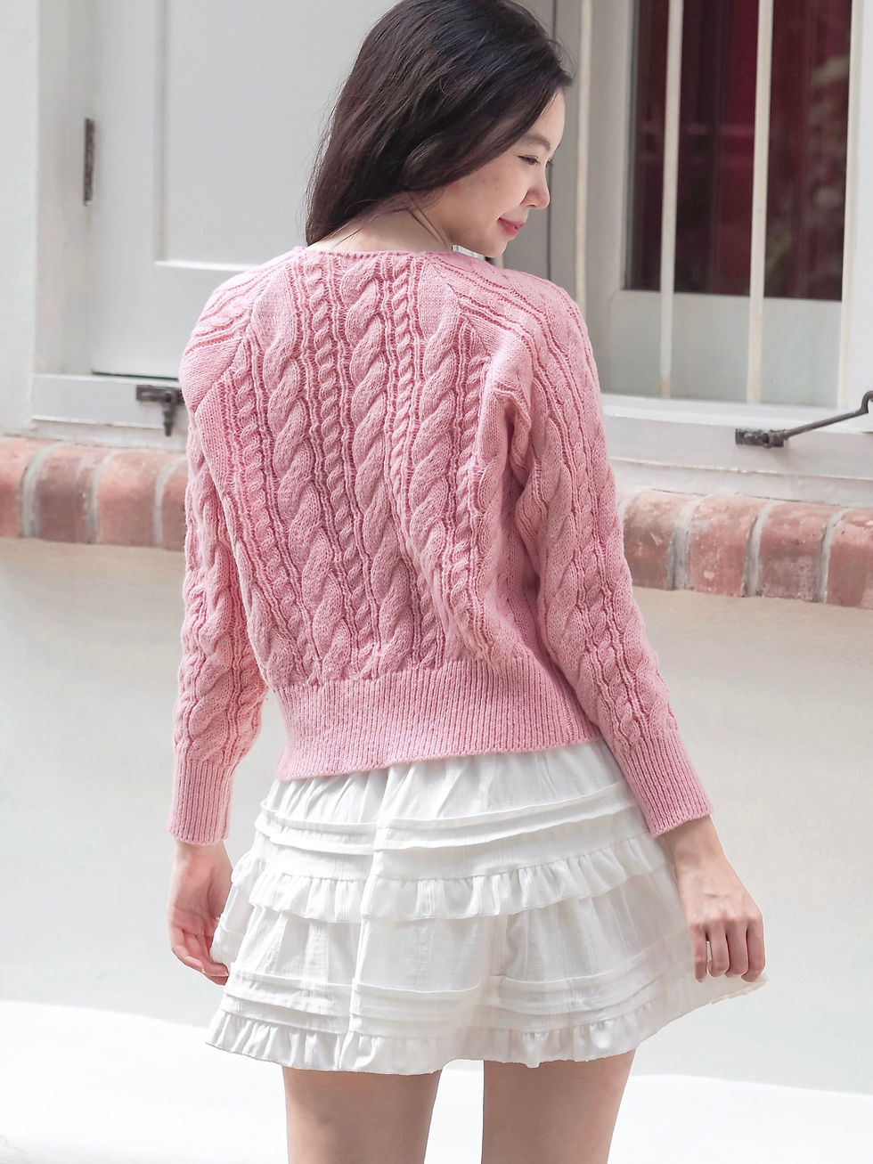 Thumbnail: Sweet Cinnamon Ribbon Coquette Cable Knit Cardigan (BABY PINK)