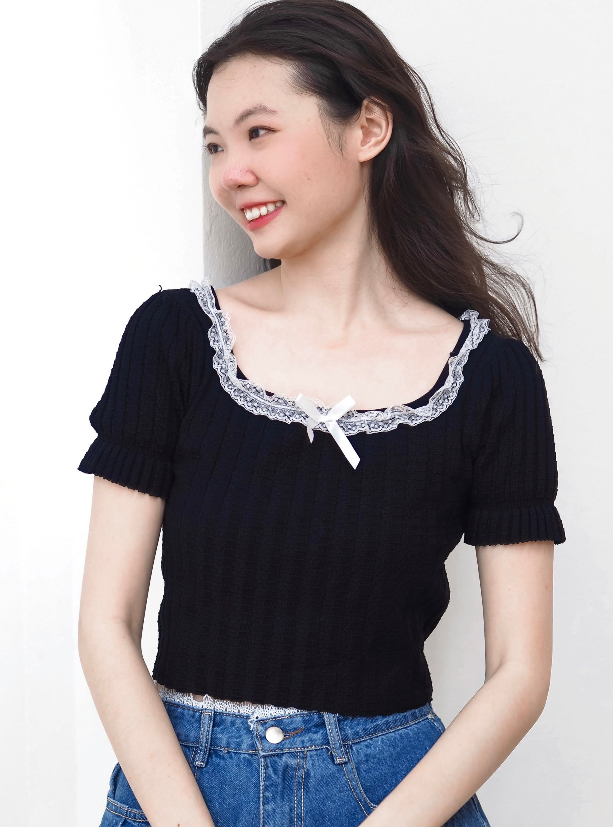 Besties Ribbon Lace Coquette Knit Top (BLACK)