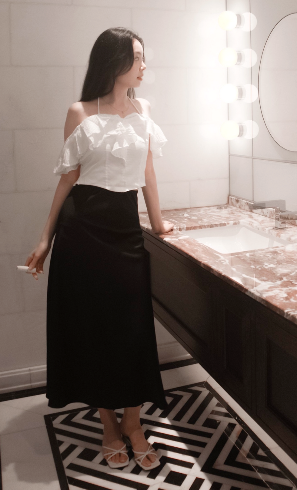 Thumbnail: Secret Rendezvous Satin Fishtail Midi Skirt (BLACK)
