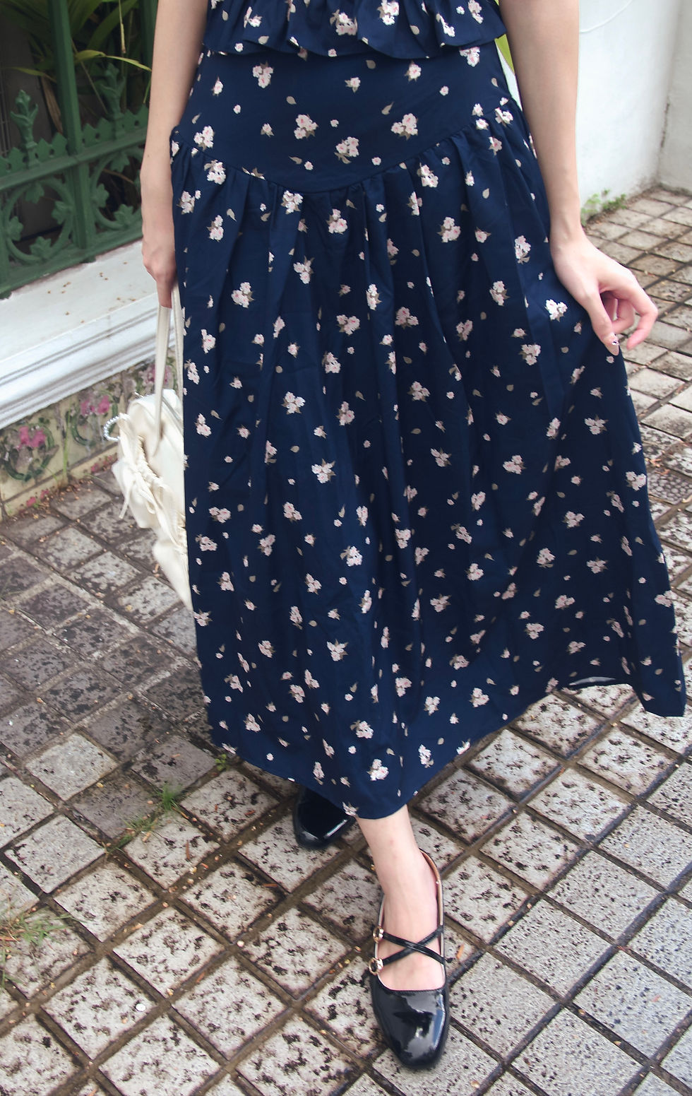 Thumbnail: [2-PIECE SET] Blossoms of Blessings Smocked Ribbon Top + Maxi Skirt (NAVY)