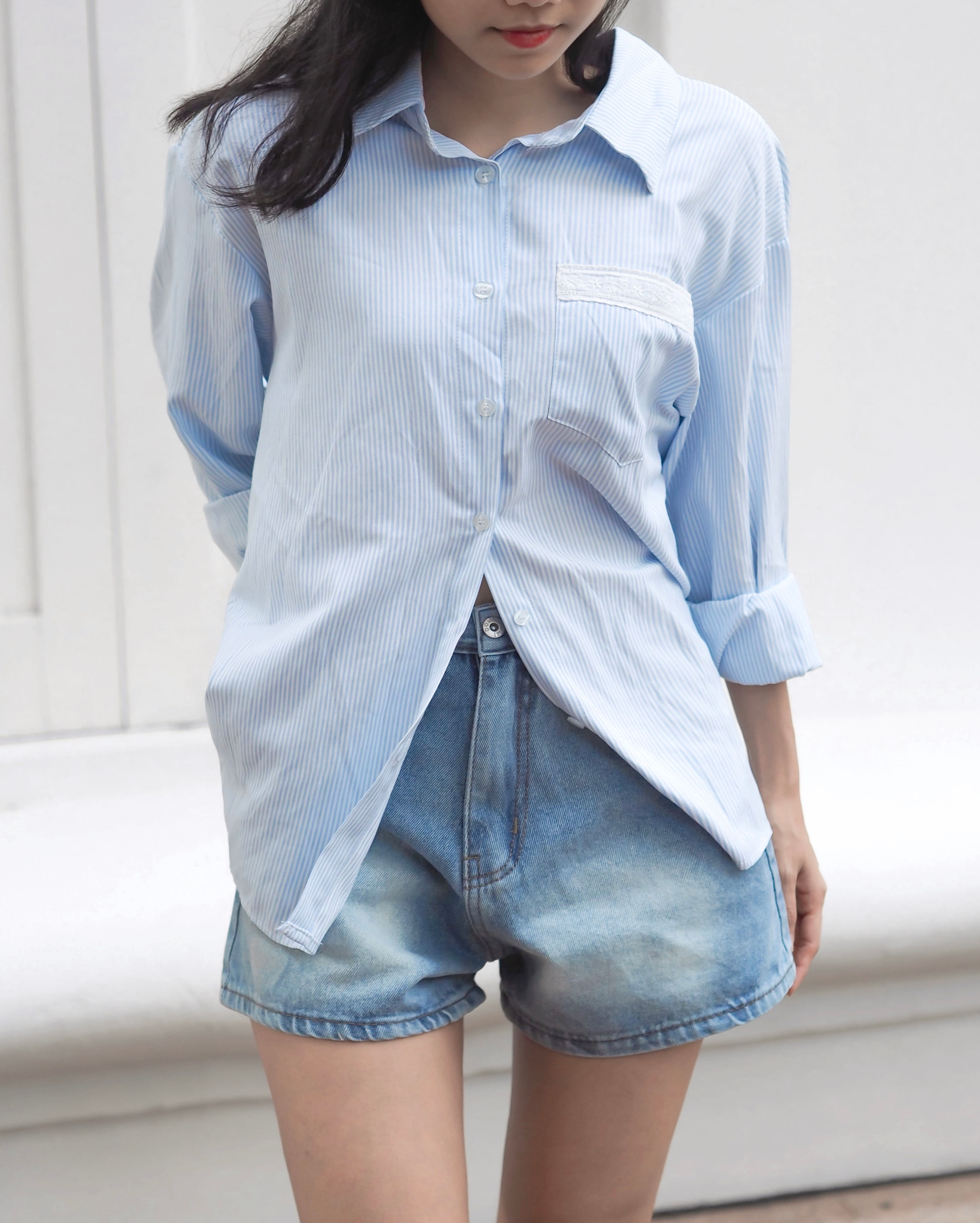 Harborline Pinstripes x Lace Coquette Oversized Button Down Boyfriend Shirt