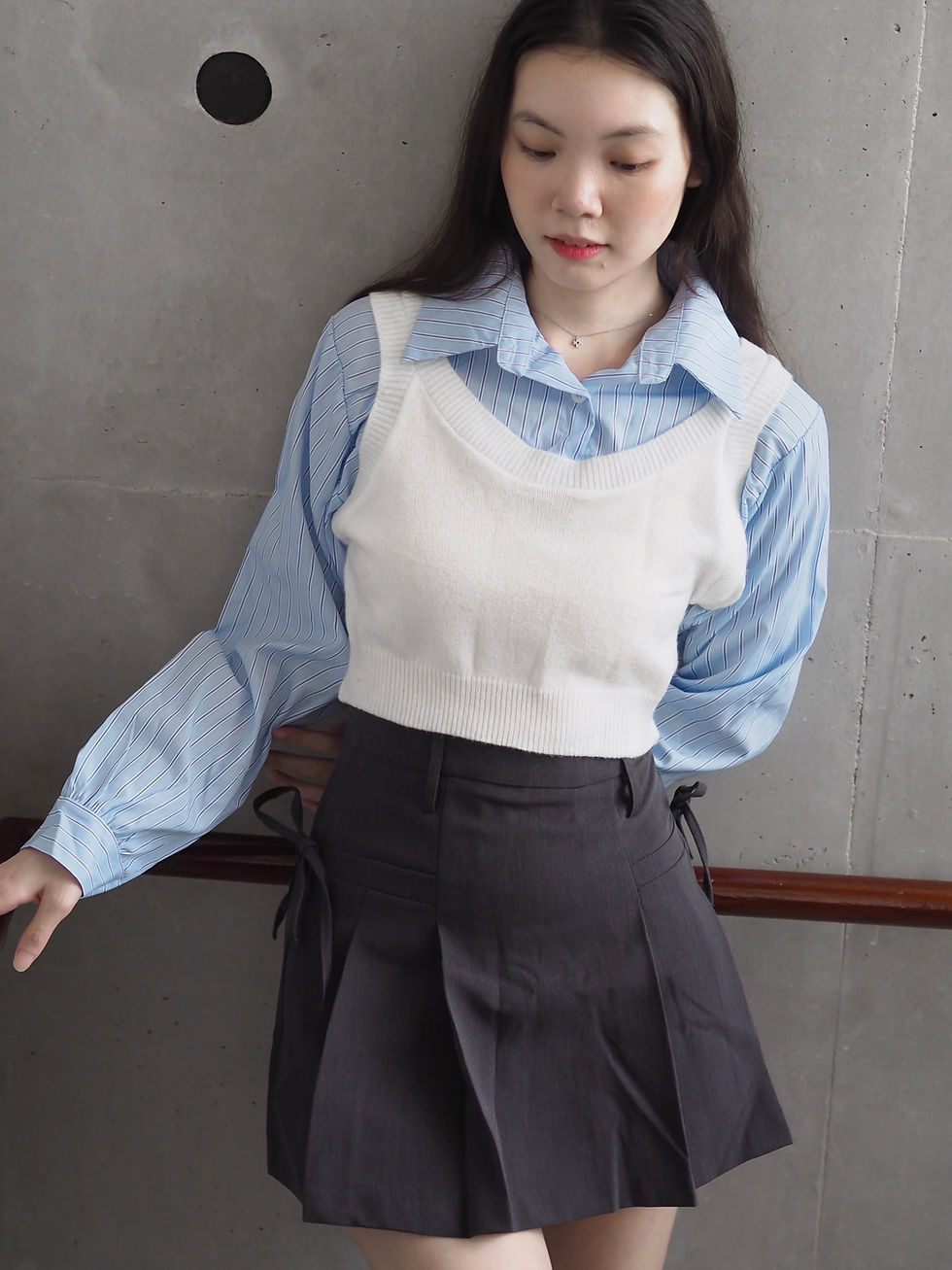 Thumbnail: San Francisco Oxford Knit Vest x Stripes Top (WHITE) 