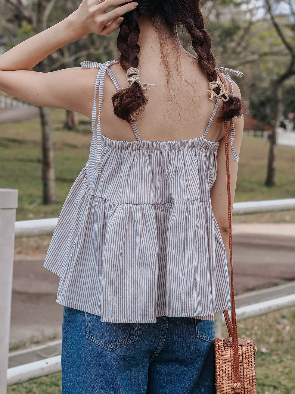 Thumbnail: Idyllic Days Pinstripes Babydoll Linen Top  (MOCHA)