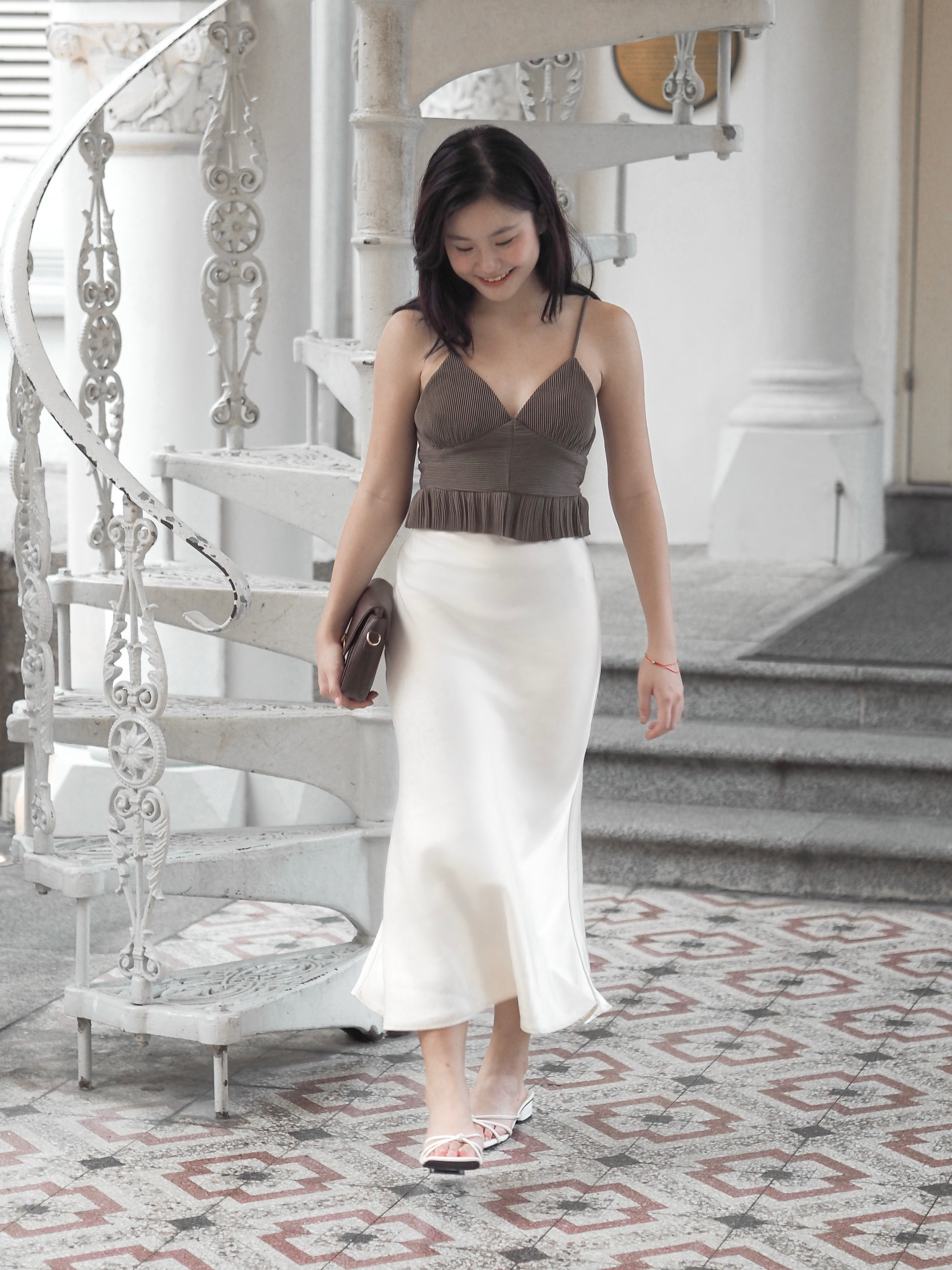 Secret Rendezvous Satin Fishtail Midi Skirt (CHAMPAGNE)