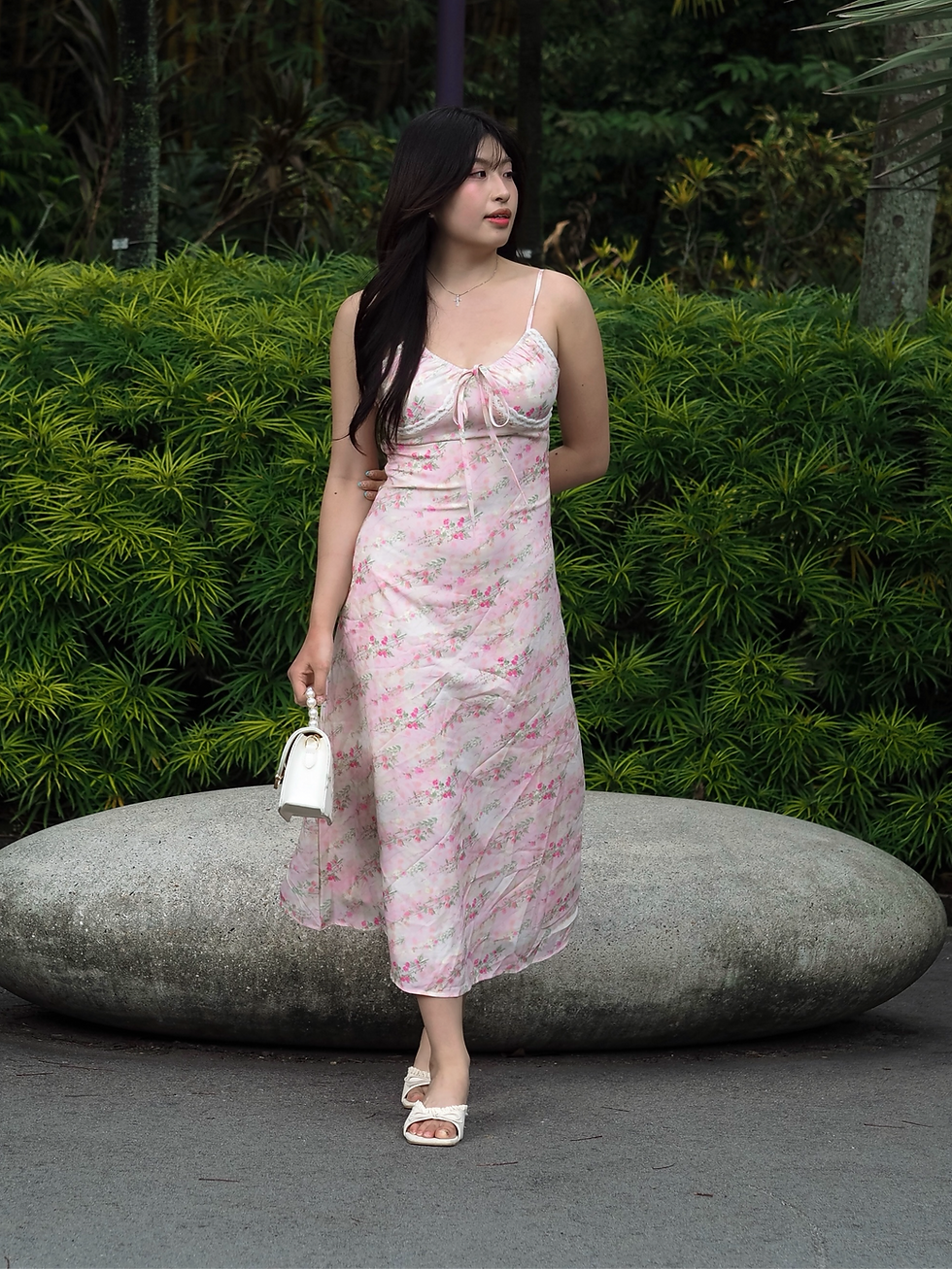 Thumbnail: Sakura Peonies Lace Coquette Ribbon Spag Dress