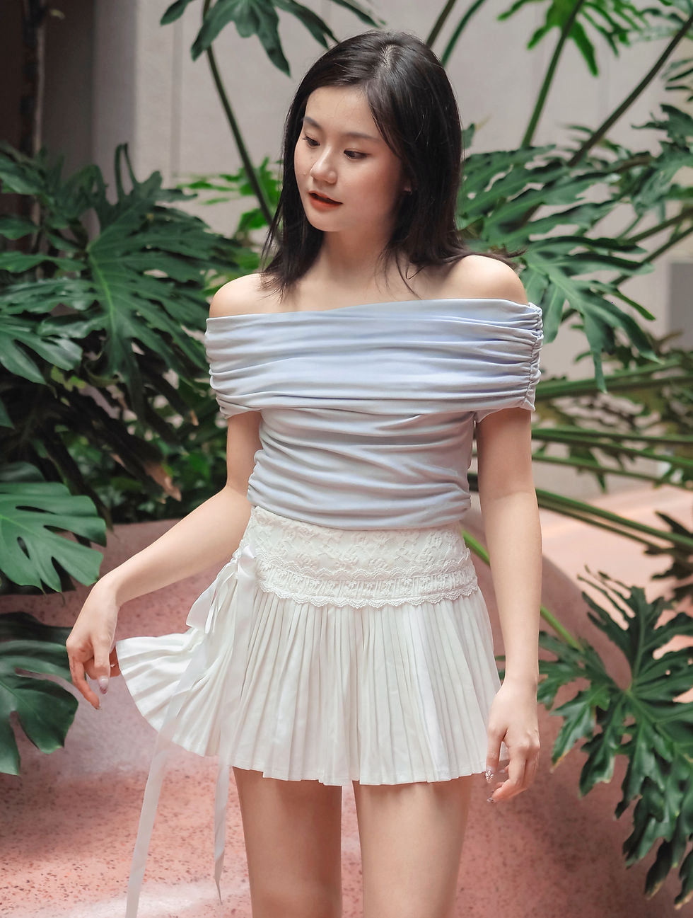 Thumbnail: Velvet Valentino Embroidered Lace Ribbon Pleated Skirt