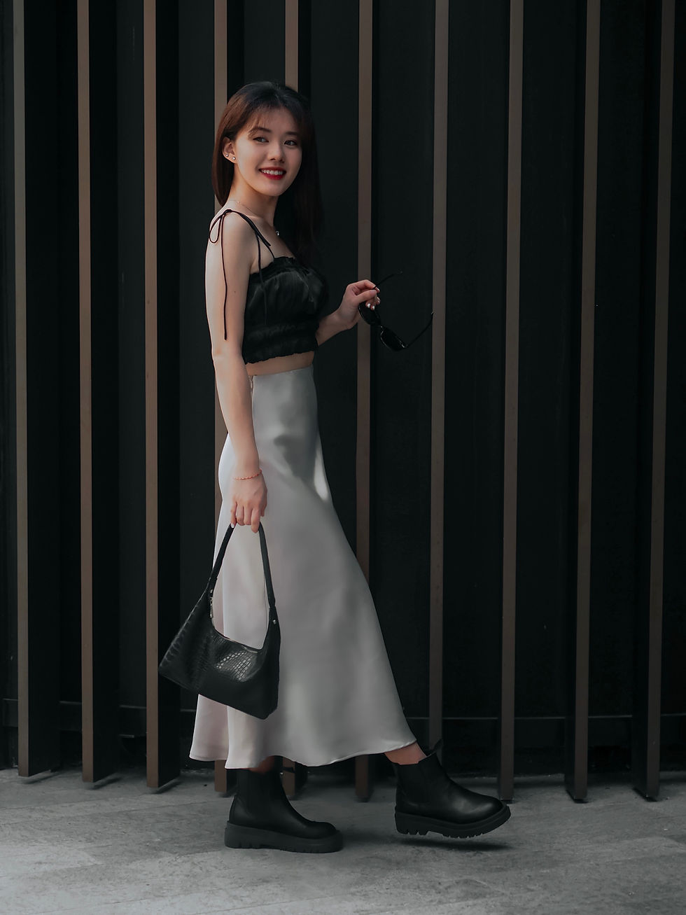 Thumbnail: Secret Rendezvous Satin Fishtail Midi Skirt (GREY)