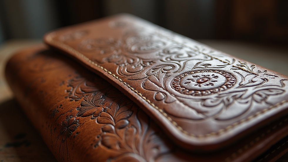 Eye-level view of a leather piece with intricate floral tooling patterns