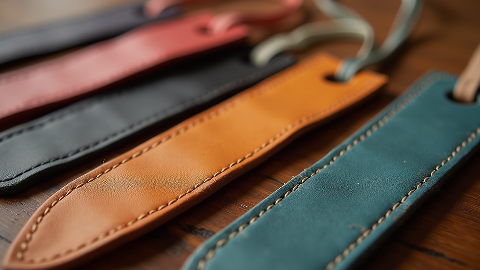 Eye-level view of a collection of leather bookmarks with various colors and finishes