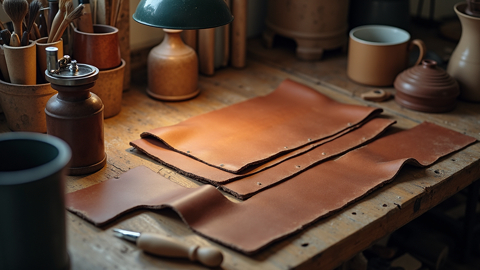 High angle view of a leather crafting workspace with tools and leather pieces
