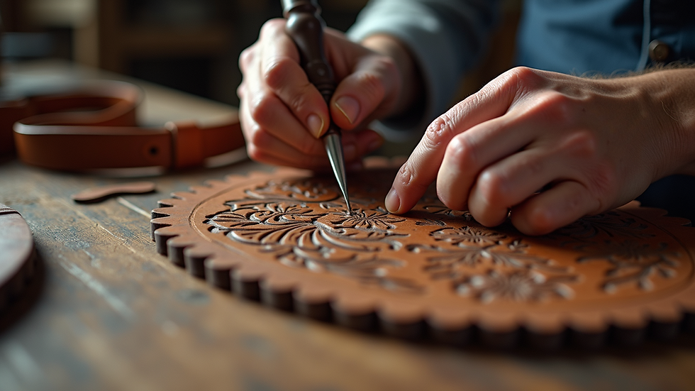 Eye-level view of leatherworker tooling a floral pattern on a leather belt
