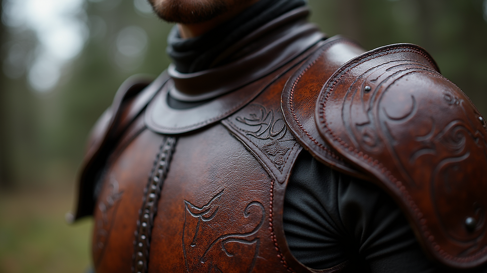 Close-up view of a finished custom leather armor piece with detailed tooling