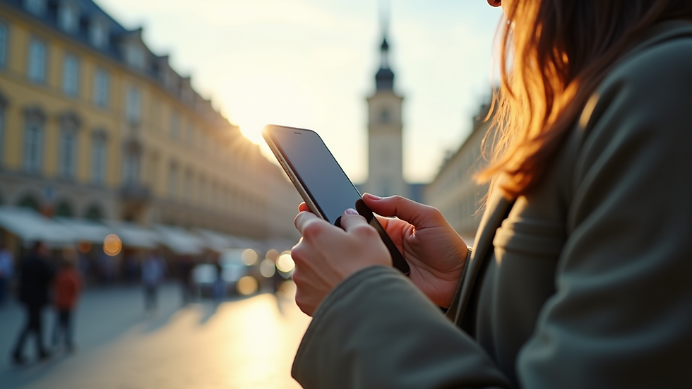 Close-up view of a traveler holding a smartphone while exploring a city