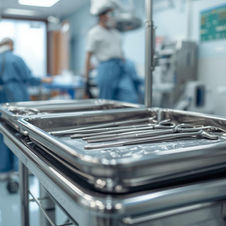 Instrumentos cirúrgicos e equipe em sala de cirurgia, com foco nos detalhes.