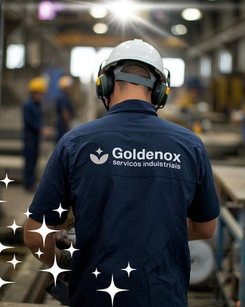 Trabalhador Goldenox, serviços-metalúrgicos, com capacete em fábrica www.goldemox.com.br