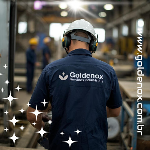 Trabalhador Goldenox, serviços-metalúrgicos, com capacete em fábrica www.goldemox.com.br