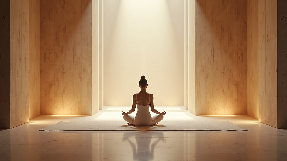 Eye-level view of a serene meditation space with soft lighting