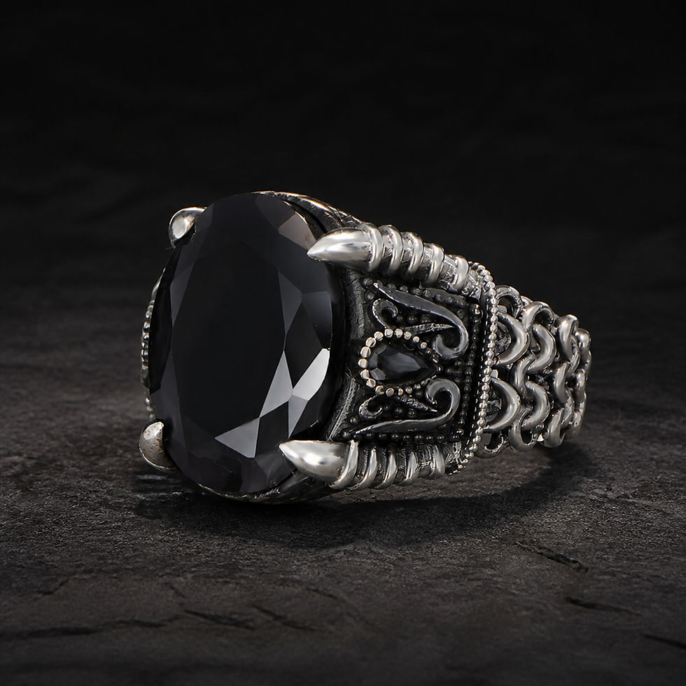 Oval Black Zircon Scroll Chain Sterling Silver Men's Ring alternate view on a dark charcoal surface