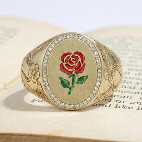 Vintage Diamond Halo Rose Gold Signet Ring | Otto Rings