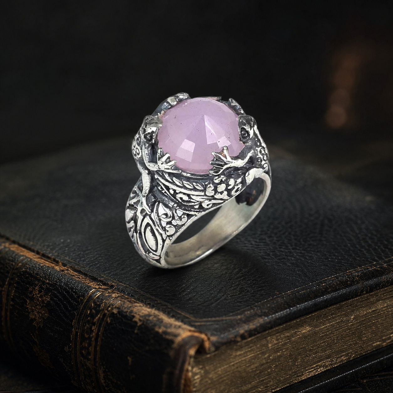 Women's Pink Quartz Frog Motif Sterling Silver Ring