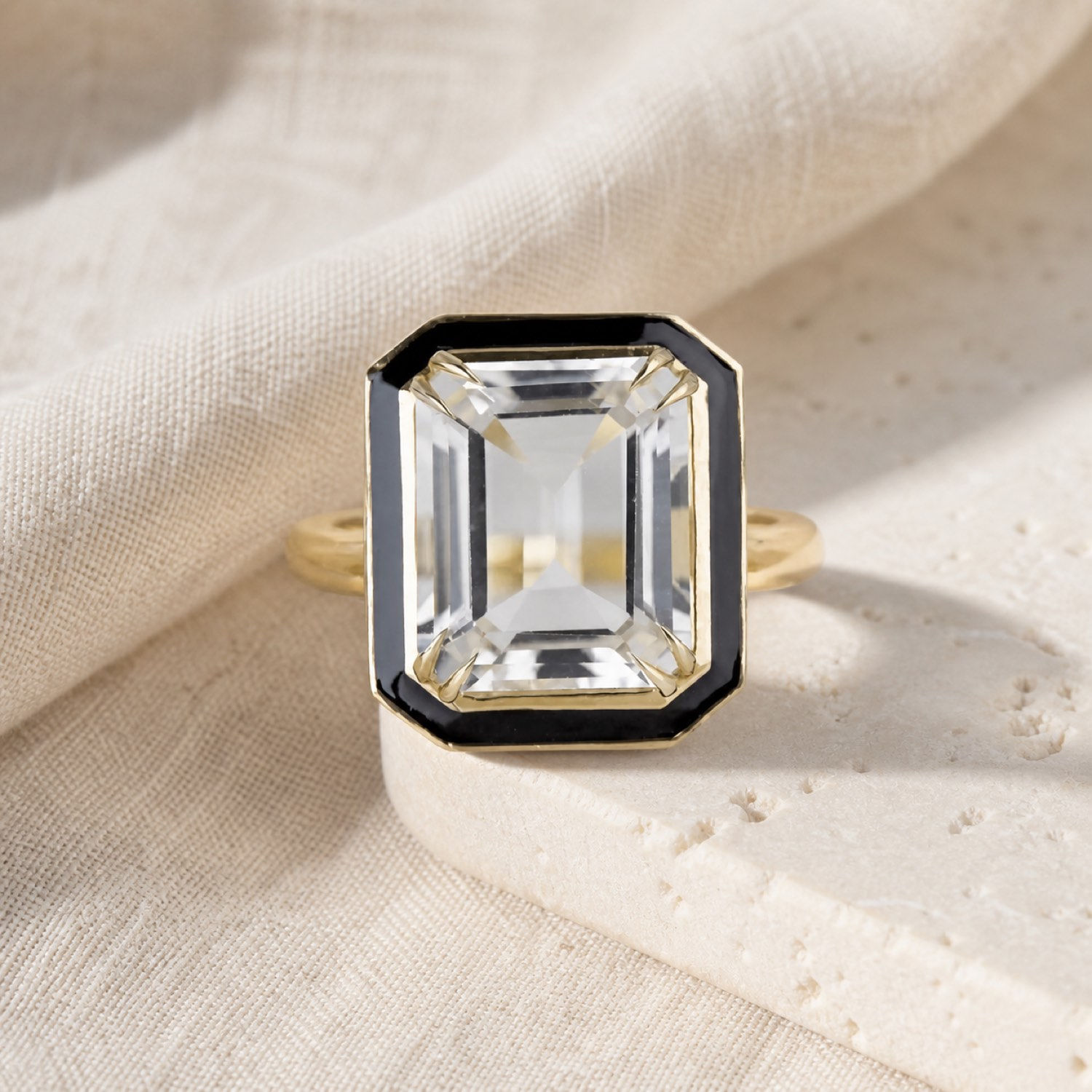 Noir Crystal Topaz Enamel Ring with black enamel border