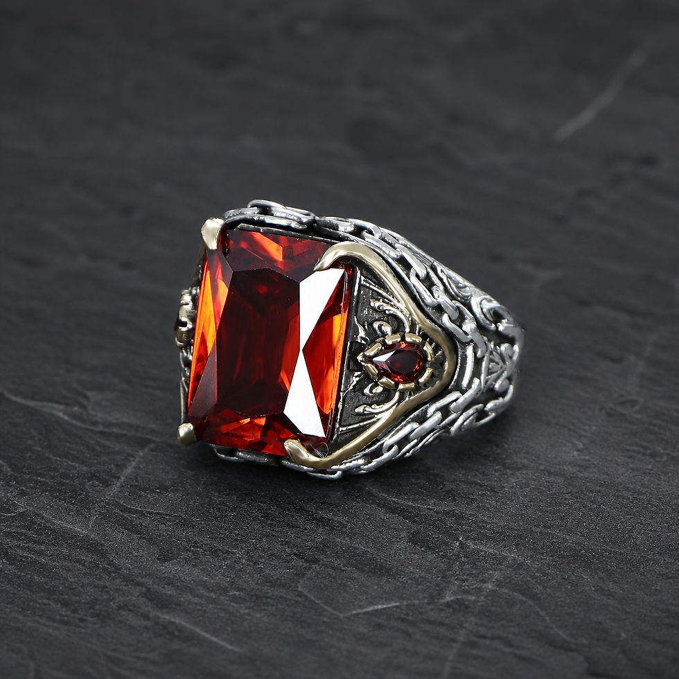 サムネイル： Red Zircon Chain Motif Sterling Silver Men's Ring alternate view on a dark textured surface