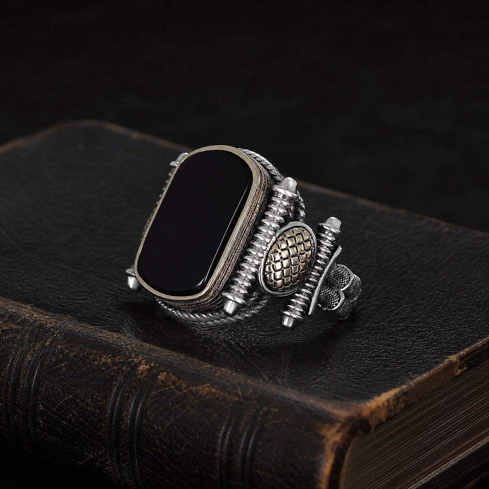 Black Zircon Ropework Sterling Silver Men's Ring on a black leather book