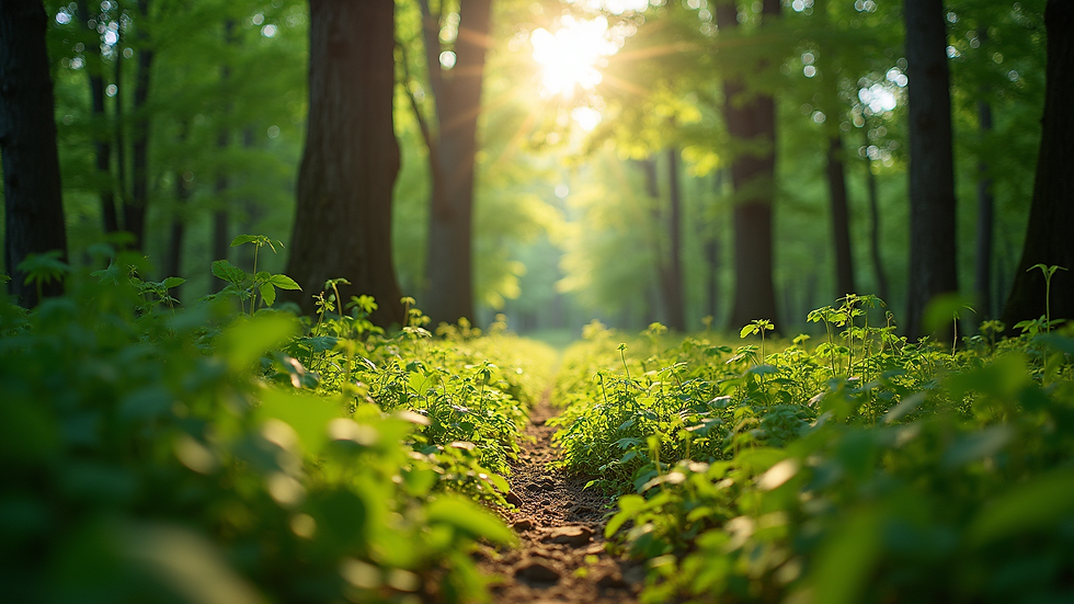 Eye-level view of a lush green forest with sunlight filtering through the trees